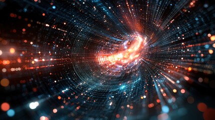 Obraz premium Abstract digital tunnel with glowing lights and particles.