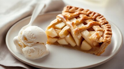 A slice of freshly baked apple pie with a lattice crust, Minimalist dining table setting, Slice centered