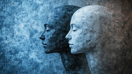 Fototapeta premium Change mind represented by two faces, one turning away from the other, showing a shift in thinking