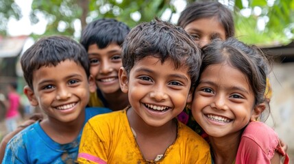 Children smiling brightly, posing for a photo or interacting with friends