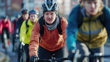 Fototapeta premium Dynamic Group of Cyclists Riding in Urban Environment