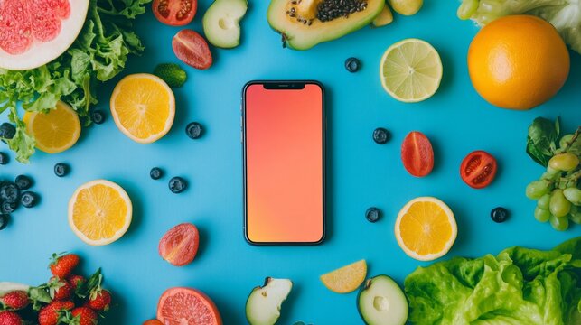phone mock-up, one flatlay iphones with healthy food around with a flat colour table texture 