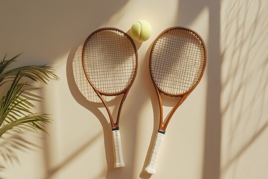 Two vintage wooden tennis rackets, a tennis ball. Perfect for summer sports, leisure, or vintage themes.
