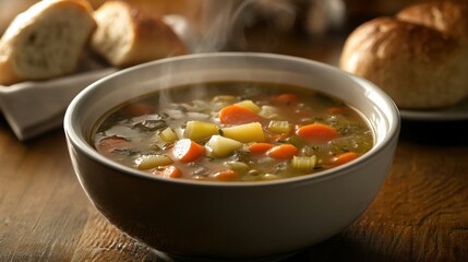 A steaming bowl of hearty vegetable soup filled with carrots, celery, and potatoes