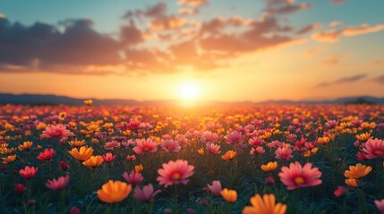 Obraz premium Beautiful natural landscape view Colorful cosmos flower fields with the sunset setting behind them, Warm golden light tone