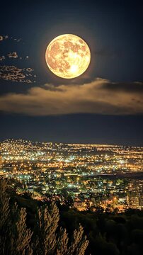 Stunning Nightscape Featuring a Brilliant Full Moon Over a Vibrant City Landscape