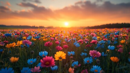 Obraz premium Beautiful natural landscape view Colorful cosmos flower fields with the sunset setting behind them, Warm golden light tone