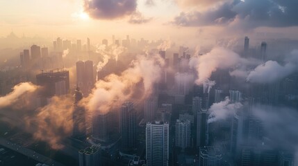 Misty Urban Skyline at Sunrise