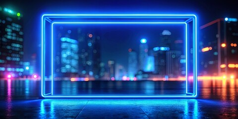 Fototapeta premium Futuristic glowing neon frame against a vibrant cityscape backdrop