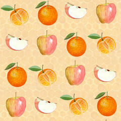 A shiny striped apple and an orange whole and half watercolor seamless pattern on honey comb background. Hand-painted art perfect for kitchen designs, prints, packages, wrapping paper, harvest theme