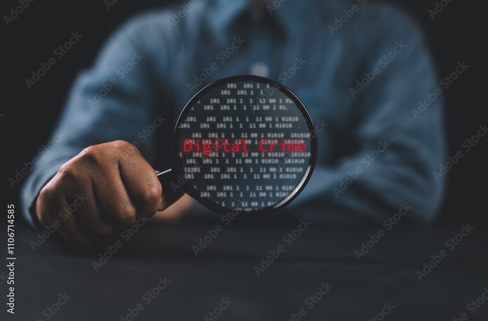 Poster Businessman holding magnifying glass with binary code and red digital crime wording for focus and analysis, hacker concept.