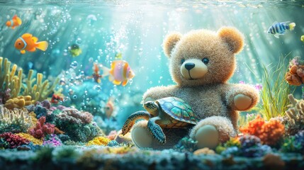 A dynamic scene of a teddy bear with soft, fuzzy fur and a charming smile, surrounded by various sea creatures in an underwater world next to a fountain. 