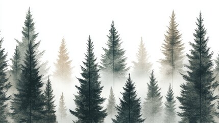 Obraz premium The detailed seamless pattern of pine trees in gray and green tones adopts an elegant and minimalist style, characterized by soft tree shapes and vector graphics, with a clean white background.