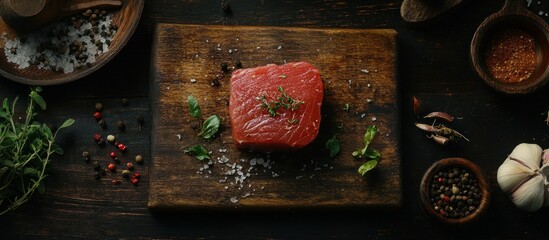 High-resolution image of raw tuna steak on a cutting board, surrounded by herbs and spices 