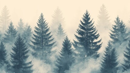 Fototapeta premium The detailed seamless pattern of pine trees in gray and green tones adopts an elegant and minimalist style, characterized by soft tree shapes and vector graphics, with a clean white background.