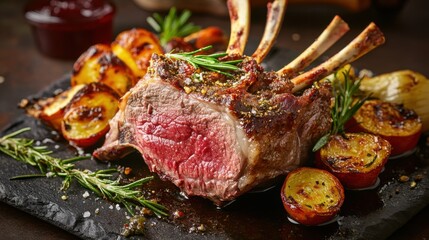 A succulent rack of lamb served with roasted vegetables and mint jelly on the side, Lamb rack centered, Soft diffused lighting accentuating the juicy meat