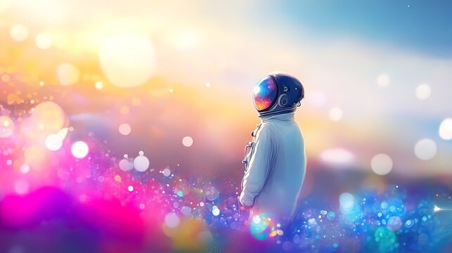An astronaut stands silhouetted against a colorful, abstract sky, gazing out at a bright, distant horizon.