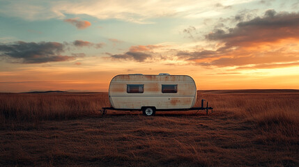 Obraz premium Vintage travel trailer in a vast field during sunset creates a tranquil atmosphere