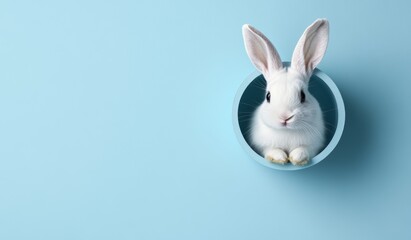 Obraz premium White Bunny Peeking Out of Blue Hole, Cute Fluffy Rabbit in Minimalistic Design, Springtime Celebration