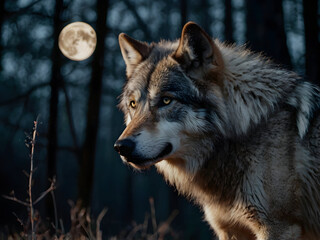 Obraz premium A close-up of a wolf with intense eyes, standing among the trees under a full moon.
