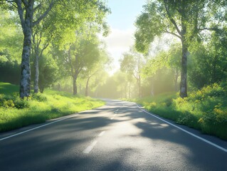 Fototapeta premium Winding road through the middle of the green forest with the shade of trees on both sides on a sunny day.