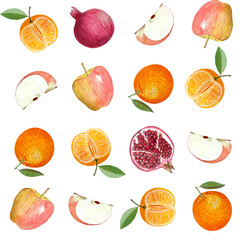 A striped apple, a pomegranate and an orange whole and half watercolor seamless pattern isolated on white. Hand-painted art perfect for kitchen design, prints, packages, wrapping paper, harvest theme