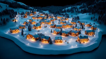 Naklejka premium Charming Winter Village with Cozy Homes Lit by Warm Glow Under Starry Night Sky