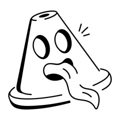 Traffic cone with a creepy emoji on it, doodle icon 

