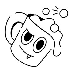 A sketchy style icon of coffee mug with an emoji on it 


