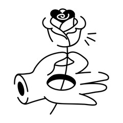 hand holding rose doodle style icon 

