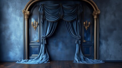 Luxurious Blue Curtains Framing an Ornate Archway with Vintage Decor for Wedding Photos, Photography Studio Backdrops, Stage Set Designs, and Zoom Virtual Meeting Backgrounds