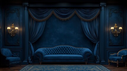 Luxurious Blue Curtains Framing an Ornate Archway with a sofa and Vintage Decor for Wedding Photos, Photography Studio Backdrops, Stage Set Designs, and Zoom Virtual Meeting Backgrounds