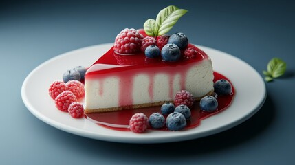 Cheesecake Slice with Raspberry Sauce and Berries