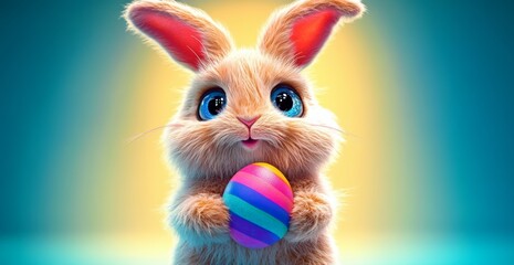 Cute Fluffy White Baby Bunny Holding Colorful Easter Egg with Blue Eyes and Pink Ears