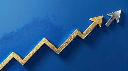 Solid gold upward arrow on a blue background symbolizing growth and success, with copy space 