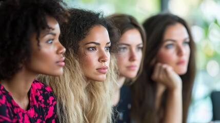 Obraz premium Group of women with thoughtful expressions, engaged in brainstorming or planning