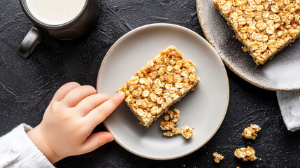 child hand reaching for homemade breakfast bar on plate, with cup of milk nearby on dark textured surface. scene is cozy and inviting