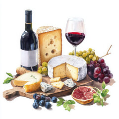 Elegant watercolor food composition of artisan cheese and wine in a rustic setting for culinary art enthusiasts