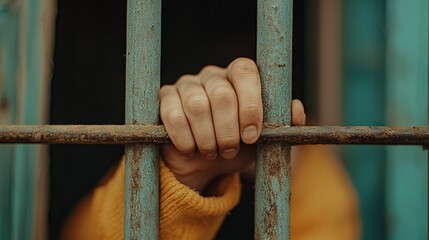 Close-up photo of a persons hands gripping the bars of a prison Generative AI