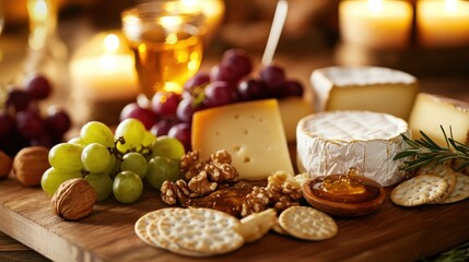 A tantalizing cheese board with an assortment of cheeses, crackers, grapes