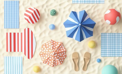 Obraz premium Colorful Beach Scene with Umbrellas Beach Balls Flip Flops and Paper on Light Beige Background