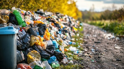Garbage Pile on Nature Trail: A Cautionary Scene of Litter and Pollution Alongside an Overgrown Path, Highlighting Environmental Negligence and Urgency for Cleanup Efforts