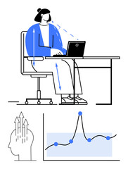 Person typing at desk with blue highlights growth chart, arrows to head. Ideal for productivity, ergonomics, mental focus, workplace efficiency, desk setup, data analysis, organizational skills
