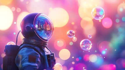 Astronaut gazing at iridescent bubbles floating in a futuristic cityscape with colorful lights.