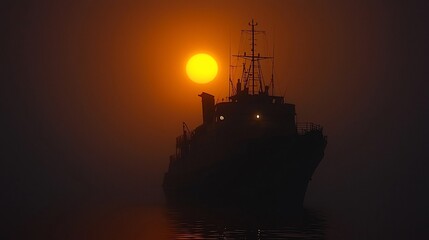 Obraz premium Silhouette of a large ship at sunset through a hazy atmosphere.