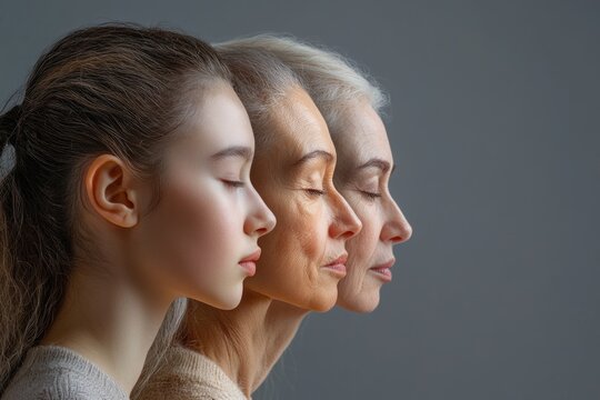 Aging journey: a portrayal of a female persona reflecting the changes of age, emphasizing the visual evolution of a woman&rsquo;s face as she transitions through the natural stages of life.