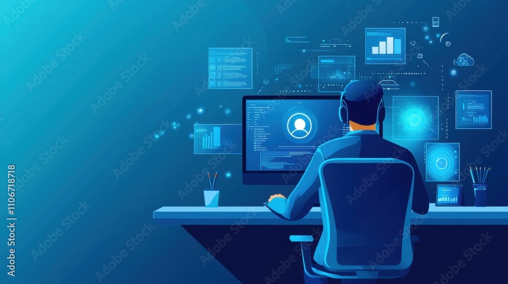 Poster a man is sitting in front of a computer monitor with a keyboard and a mouse