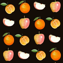 A shiny striped apple and an orange whole and half watercolor seamless pattern on black background. Hand-painted art perfect for kitchen designs, prints, packages, wrapping paper, harvest theme