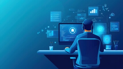 A man is sitting in front of a computer monitor with a keyboard and a mouse