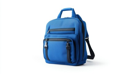 Naklejka premium A blue backpack with multiple compartments and a handle, designed for carrying essentials.